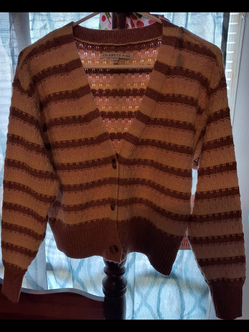 Celebrity Pink Rust and Cream Striped Button-Up Cardigan